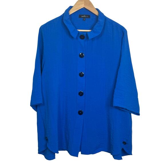 Yushi Size XL Made in USA Blue Large Buttons Lagen Look Blouse - Picture 1 of 7